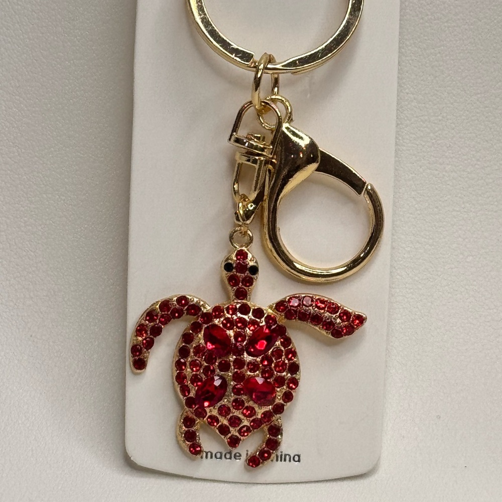 BAG CHARM Mint Gold and Red Crystal Turtle Keychain
